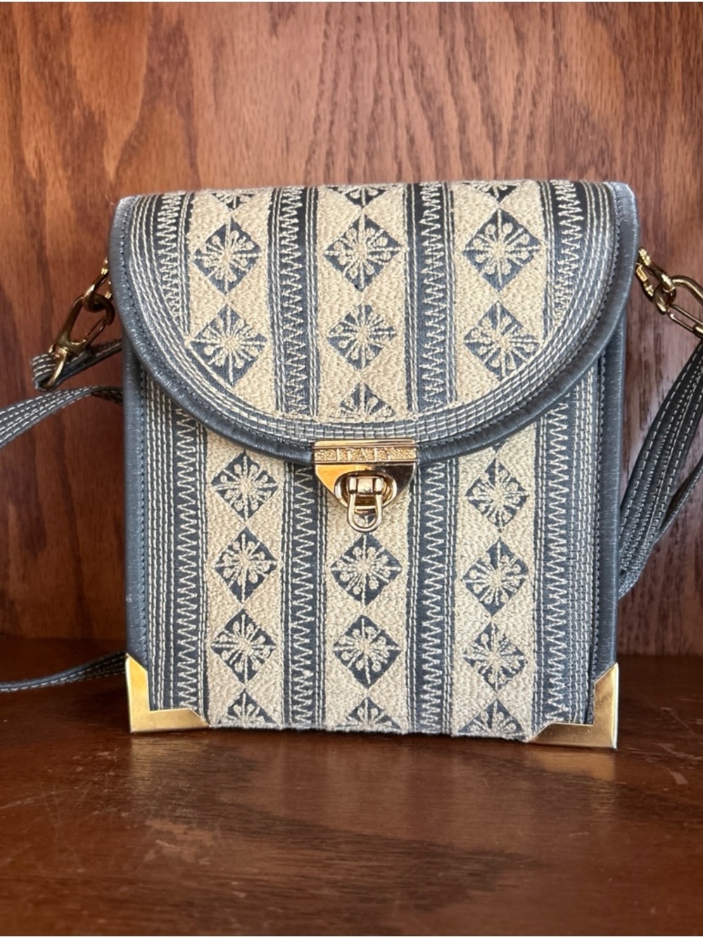 Textile Crossbody Purse/Wallet Gray & Cream Stripe Adjustable Strap